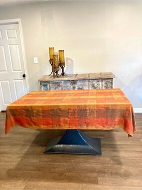 Fall Autumn Plaid Tablecloth Cotton Leaves Orange Brown 71 x 52”